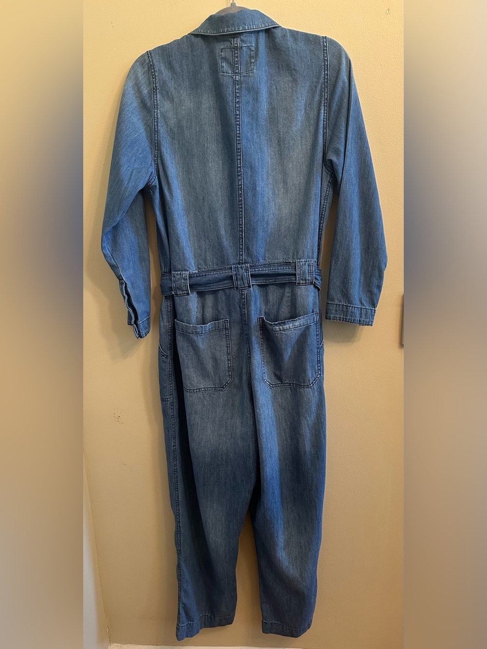 &Denim Chambray Belted Wide Leg Jumpsuit Women's Medium Button Front Sz 8 - Picture 6 of 14